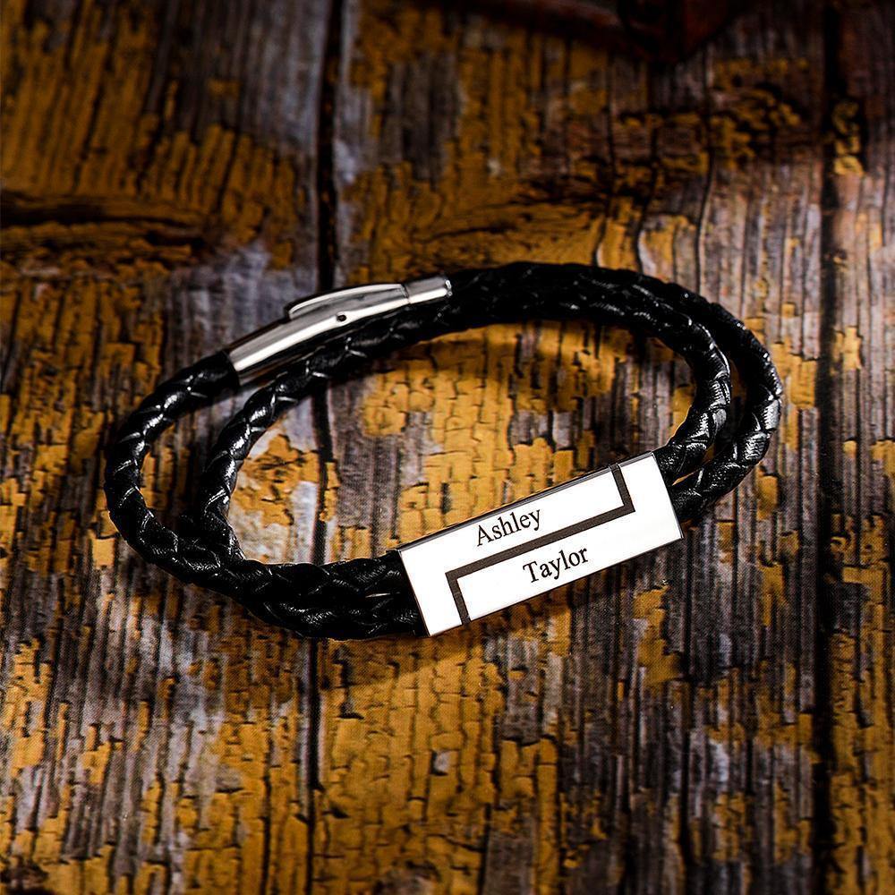 Men's Leather Bracelet Personalised Leather Wrap Bracelet, Engraved Name Bracelet Couple's Gifts - soufeelus