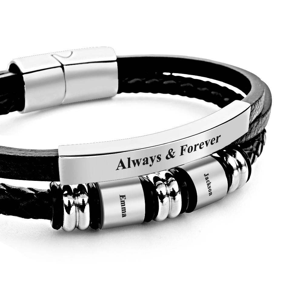 Personalized Mens Braid Leather Bracelets with 2 Engraved Names Beads Custom Mens Name Bracelet - soufeelus