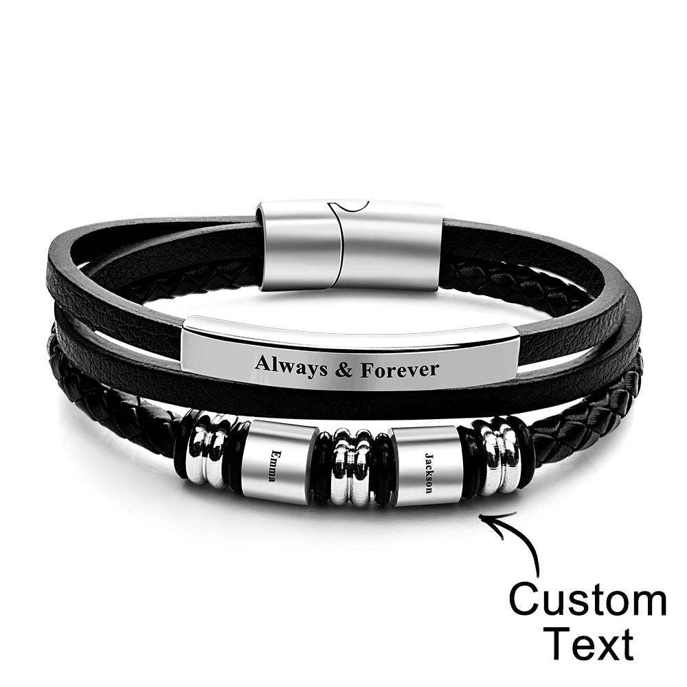 Personalized Mens Braid Leather Bracelets with 2 Engraved Names Beads Custom Mens Name Bracelet