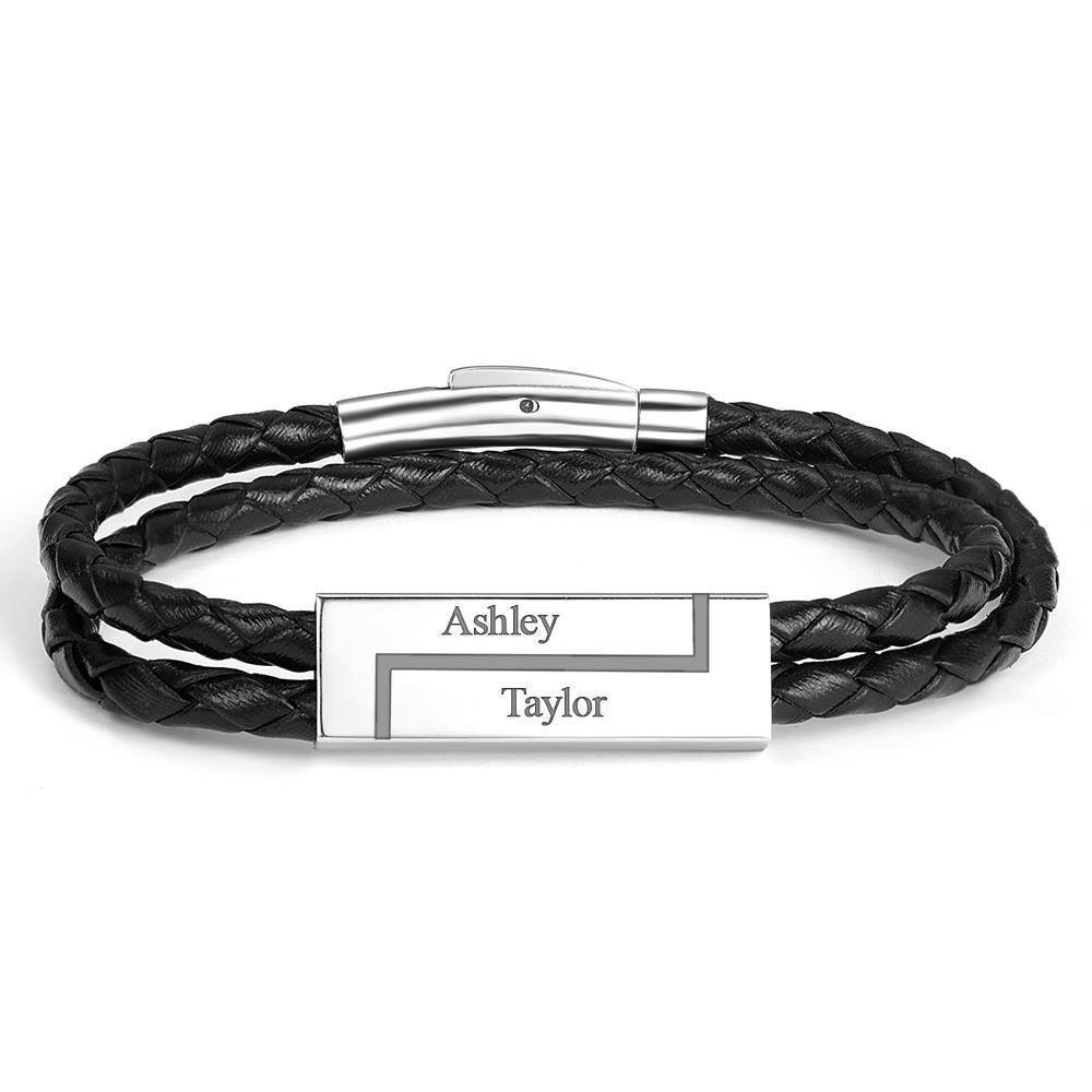 Men's Leather Bracelet Personalised Leather Wrap Bracelet, Engraved Name Bracelet Couple's Gifts - soufeelus