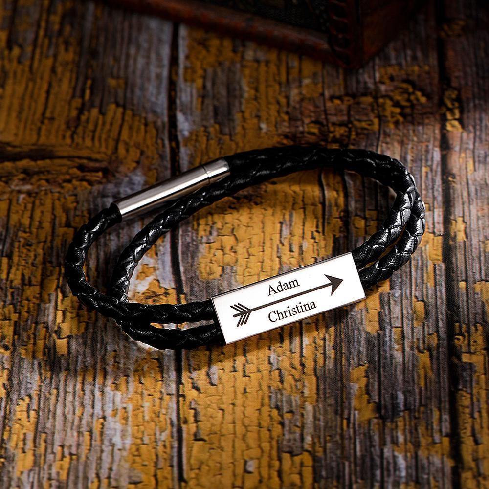Men's Leather Bracelet Custom Cable Leather Wrap Bracelet, Engraved Name Bracelet Gifts for Him - soufeelus