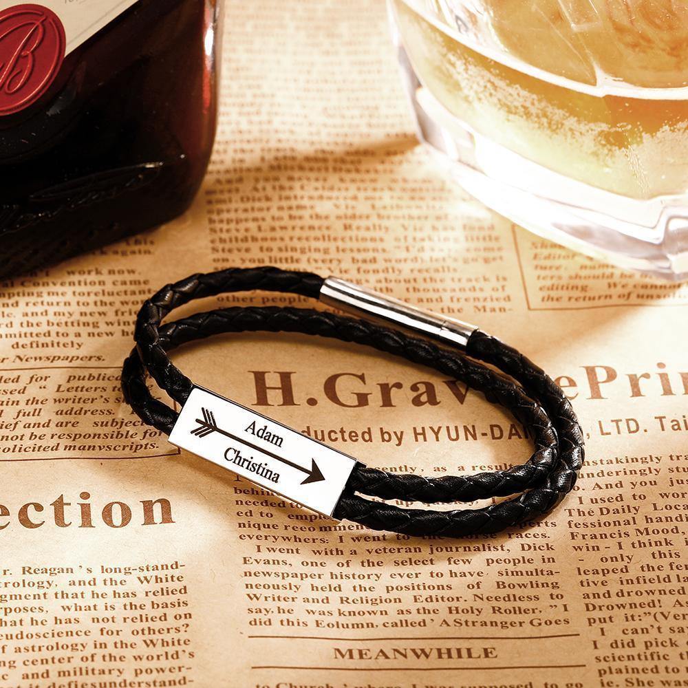 Men's Leather Bracelet Custom Cable Leather Wrap Bracelet, Engraved Name Bracelet Gifts for Him - soufeelus