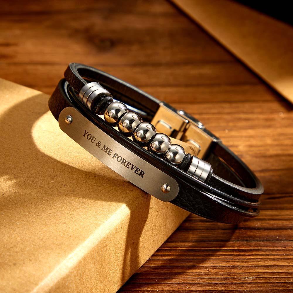 Custom Text Personalized Classic Ball Bead Titanium Steel Leather Men's Bracelet - soufeelus