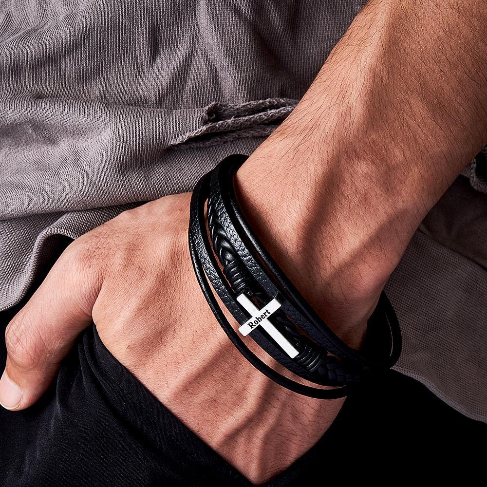 Classic Style Cross Men Bracelet Multi Layer Stainless Steel Leather Bangles for Friend Fashion Jewelry Gifts - soufeelus