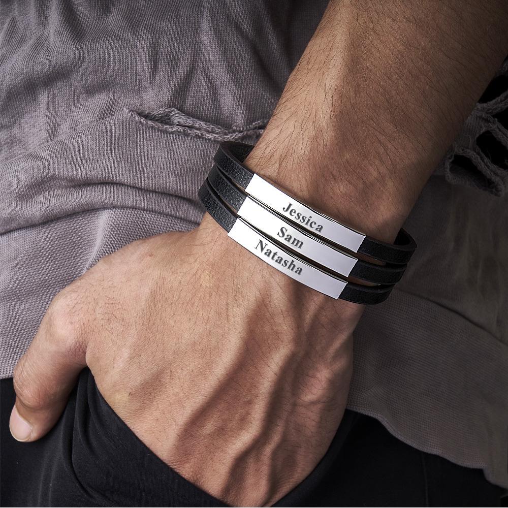 Personalized Father's Day Gift Custom 3 Names Bracelet Stainless Steel Leather Men Bracelet - soufeelus