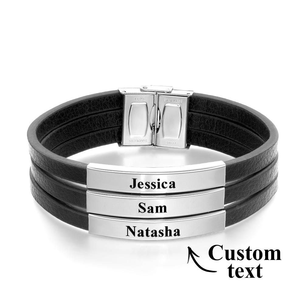 Personalized Father's Day Gift Custom 3 Names Bracelet Stainless Steel Leather Men Bracelet