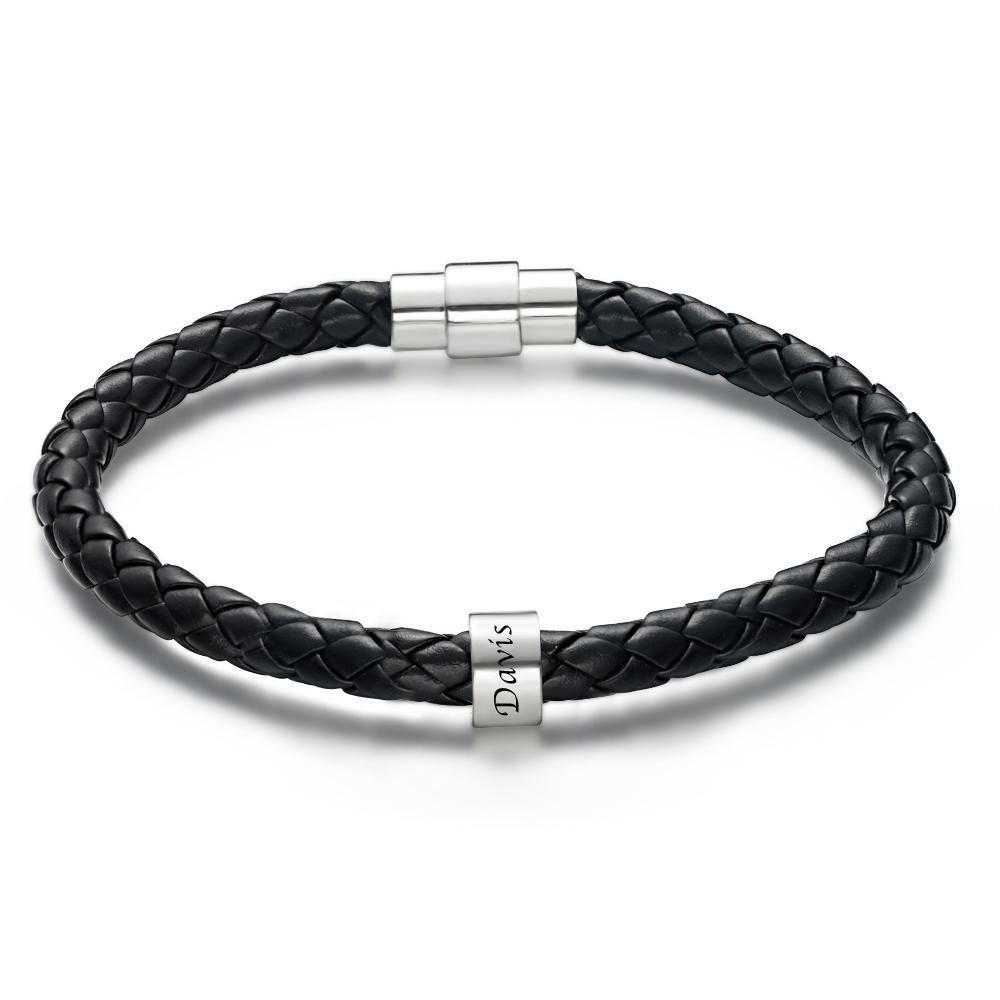 Personalized Custom Engraved Bracelet Black Leather Beads Bracelet Small Custom Bead for Him 1-6 Charms