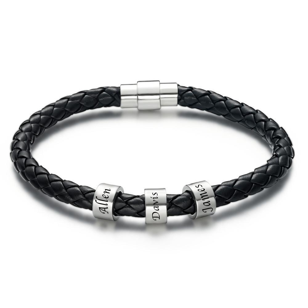 Men's Leather Bracelet Custom Engraved Bracelet Black Leather Beads Bracelet Small Custom Bead for Him 1-6 Charms