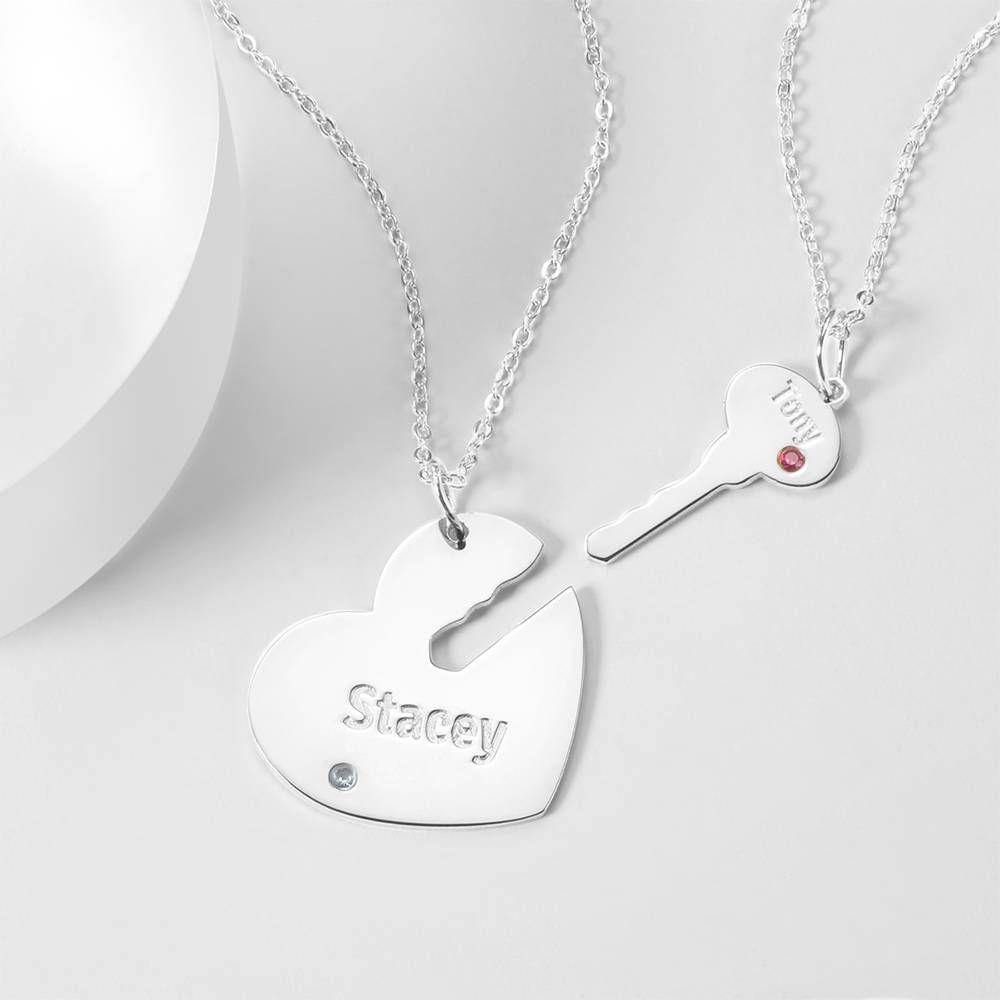 Custom Birthstone Engraved Couple Necklace with Heart and Key, Name Necklace Plated Platinum Silver - soufeelus