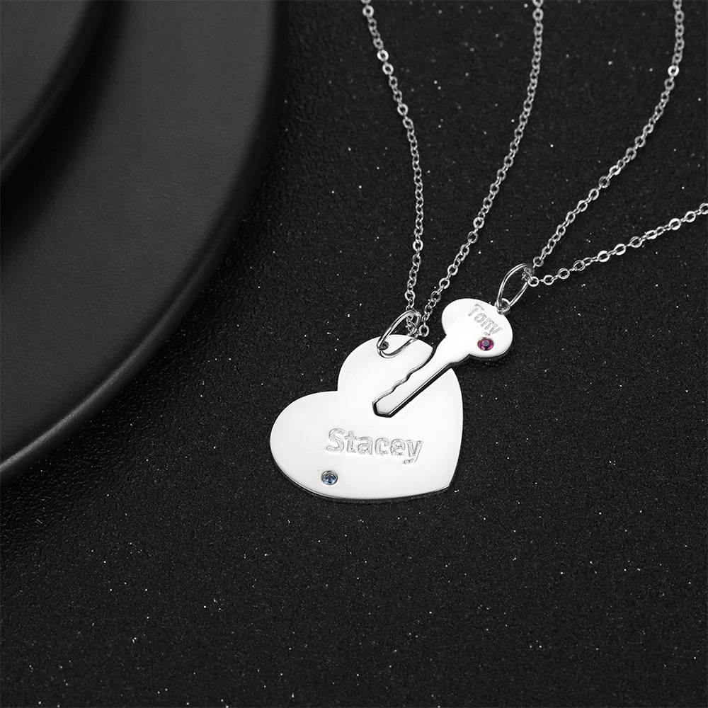 Custom Birthstone Engraved Couple Necklace with Heart and Key, Name Necklace Plated Platinum Silver - soufeelus