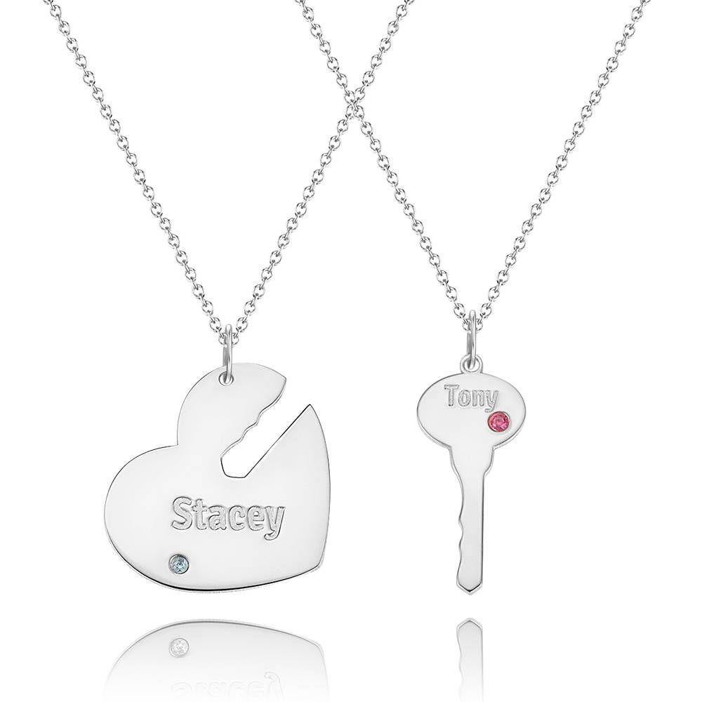 Custom Birthstone Engraved Couple Necklace with Heart and Key, Name Necklace Plated Platinum Silver - soufeelus