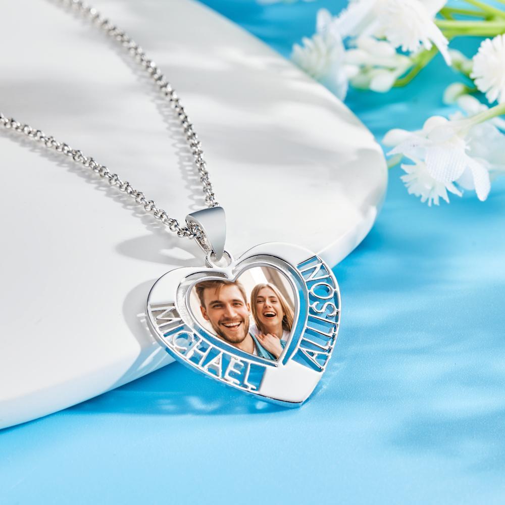Custom Photo Engraved Necklaces Heart Photo Pendant with Two Hollow Lettering