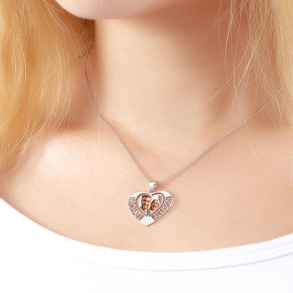 Custom Photo Engraved Necklaces Heart Photo Pendant with Two Hollow Lettering