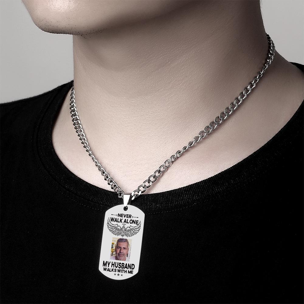 Custom Photo Necklace NEVER WALK ALONE Engrave Tag Necklace Stainless Steel Commemorative Gift - soufeelus