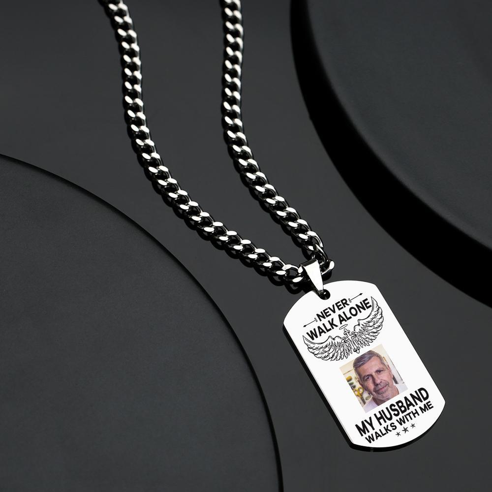 Custom Photo Necklace NEVER WALK ALONE Engrave Tag Necklace Stainless Steel Commemorative Gift - soufeelus