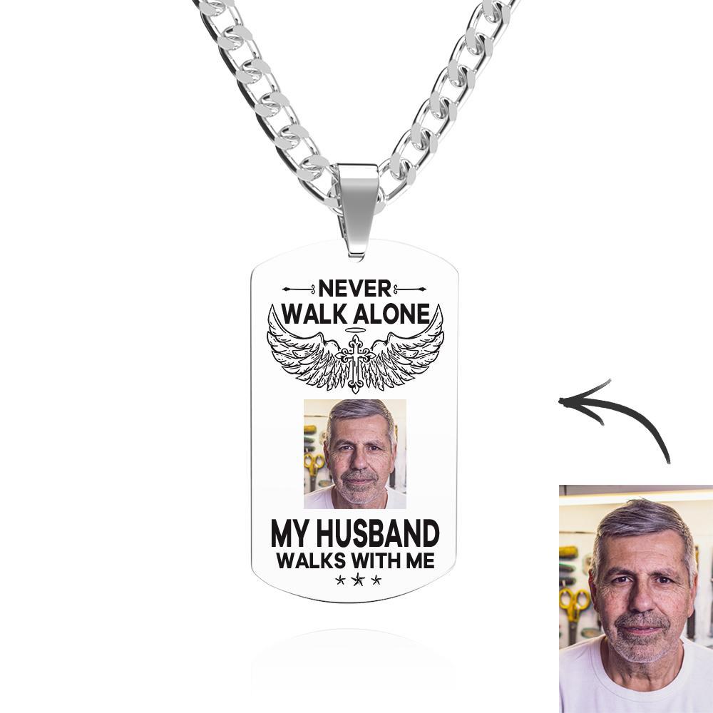 Custom Photo Necklace NEVER WALK ALONE Engrave Tag Necklace Stainless Steel Commemorative Gift - soufeelus