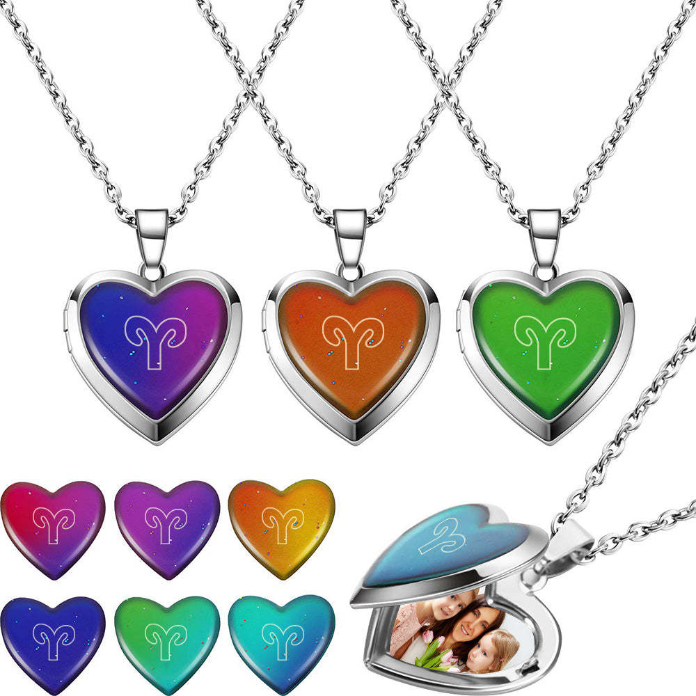 Custom Photo Heart Locket Necklace Twelve Constellations Temperature Sensing Color Changing Pendant Necklace - soufeelus