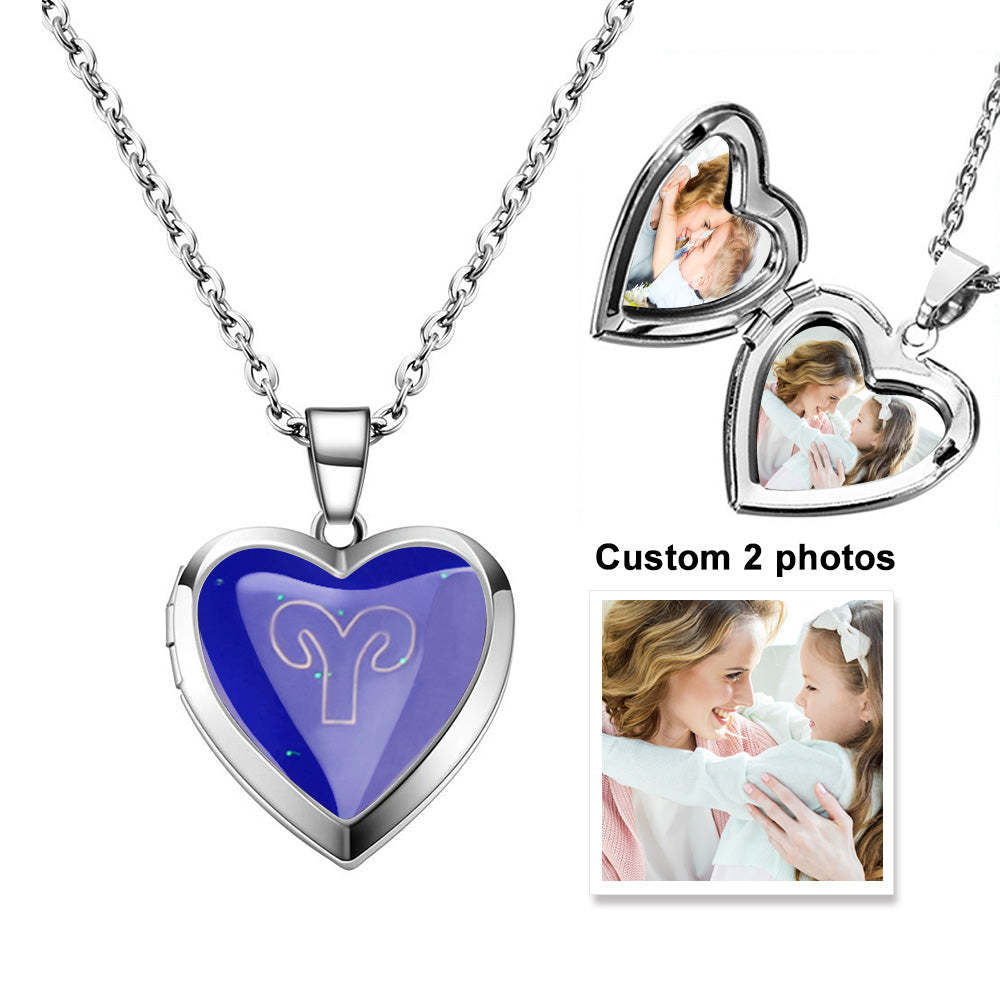Custom Photo Heart Locket Necklace Twelve Constellations Temperature Sensing Color Changing Pendant Necklace - soufeelus