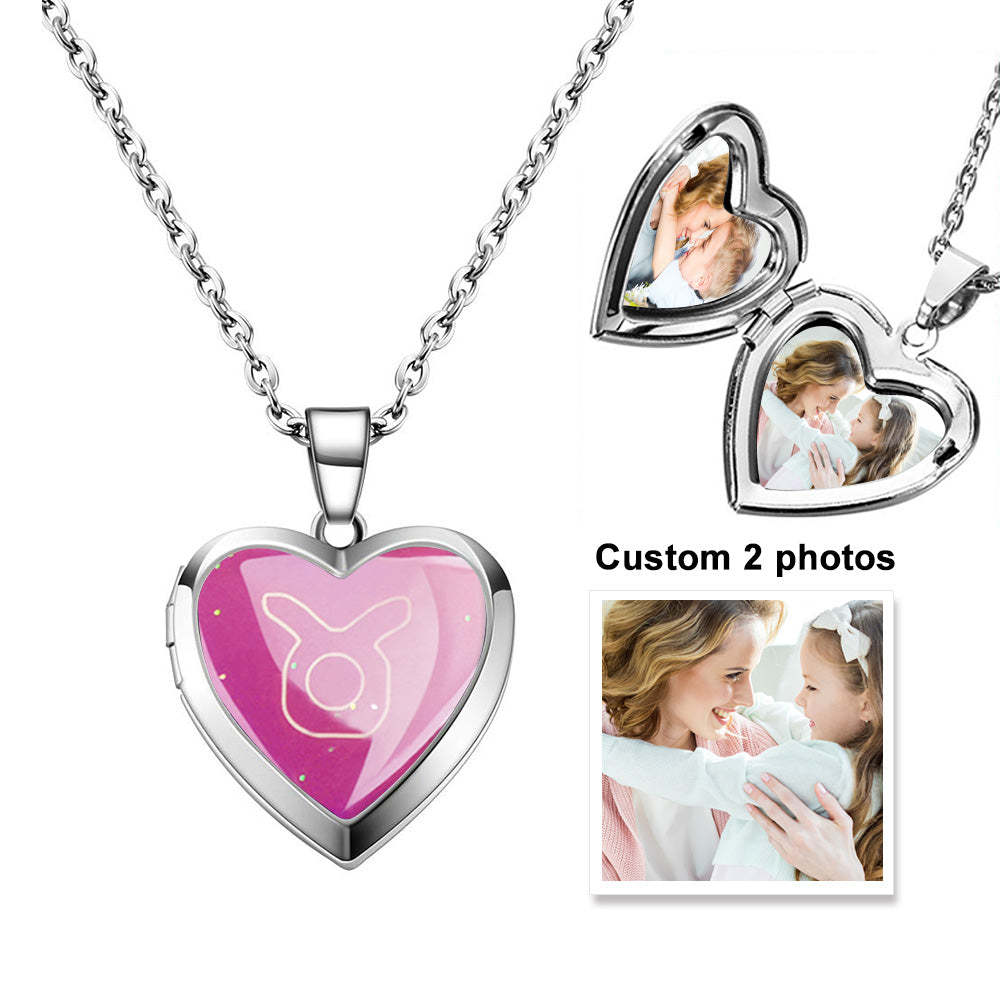 Custom Photo Heart Locket Necklace Twelve Constellations Temperature Sensing Color Changing Pendant Necklace - soufeelus