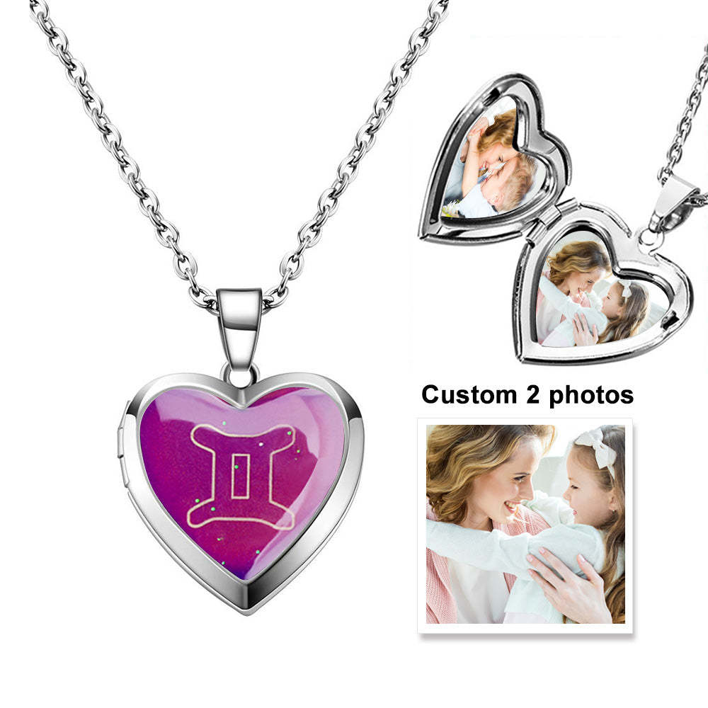 Custom Photo Heart Locket Necklace Twelve Constellations Temperature Sensing Color Changing Pendant Necklace - soufeelus