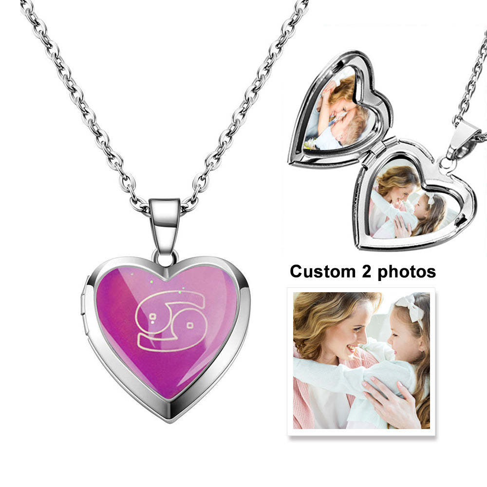 Custom Photo Heart Locket Necklace Twelve Constellations Temperature Sensing Color Changing Pendant Necklace - soufeelus