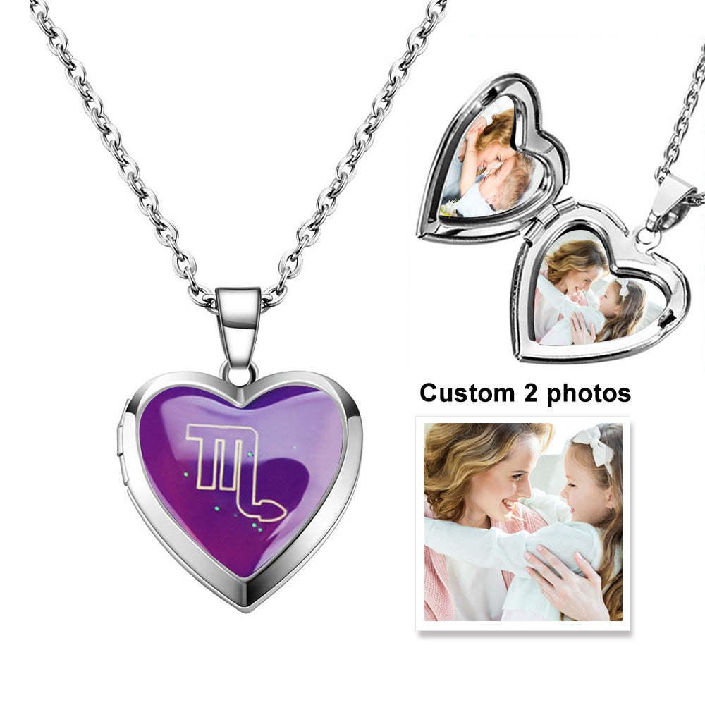 Custom Photo Heart Locket Necklace Twelve Constellations Temperature Sensing Color Changing Pendant Necklace - soufeelus