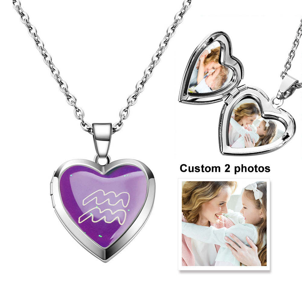 Custom Photo Heart Locket Necklace Twelve Constellations Temperature Sensing Color Changing Pendant Necklace - soufeelus