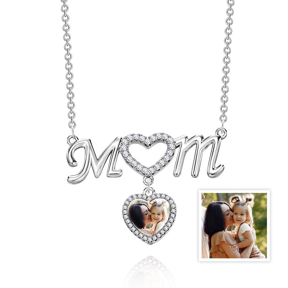 MOM Photo Necklace Personalized Diamond Heart Splice Memory Picture Pendant Gifts For Her - soufeelus