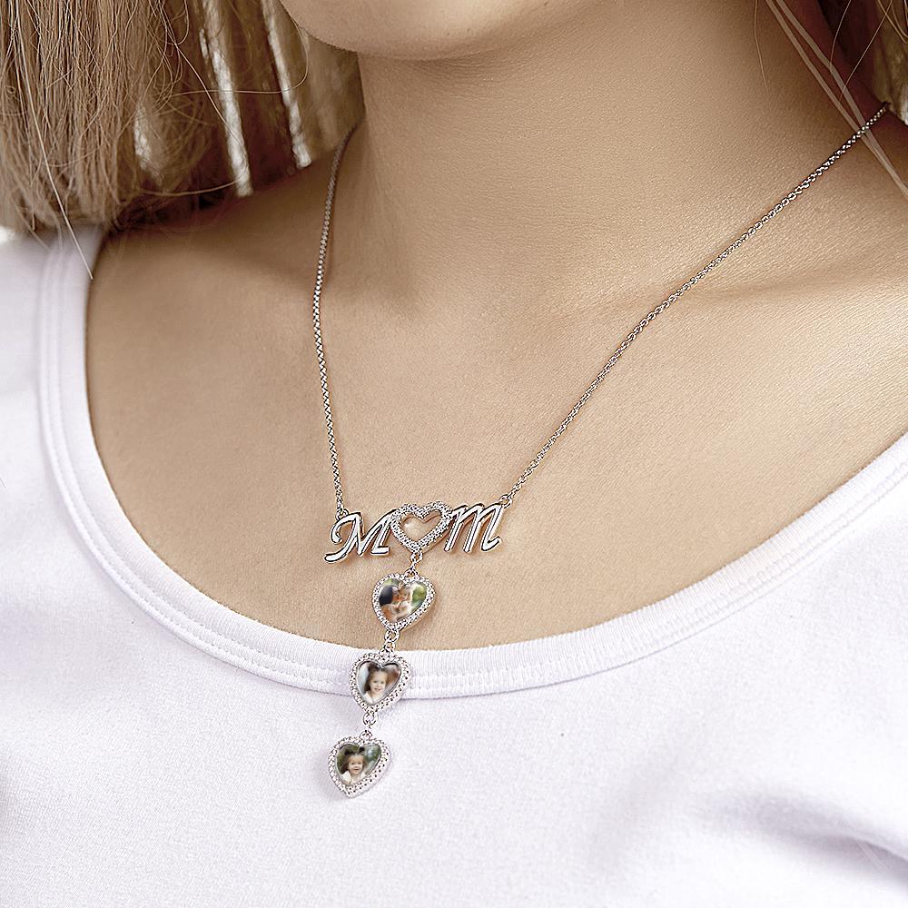 MOM Photo Necklace Personalized Diamond Heart Splice Memory Picture Pendant Gifts For Her - soufeelus