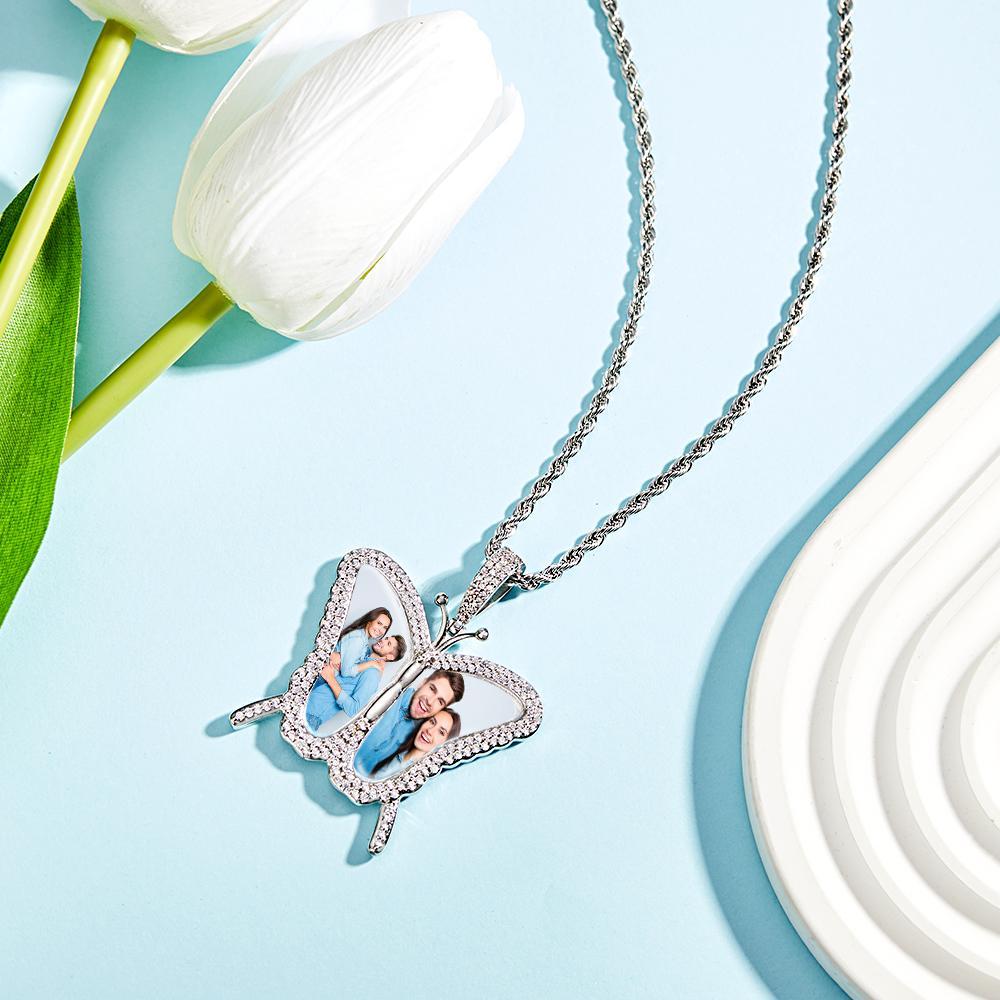 Custom Photo Sweater Chain Necklace Diamond Butterfly Romantic Gifts