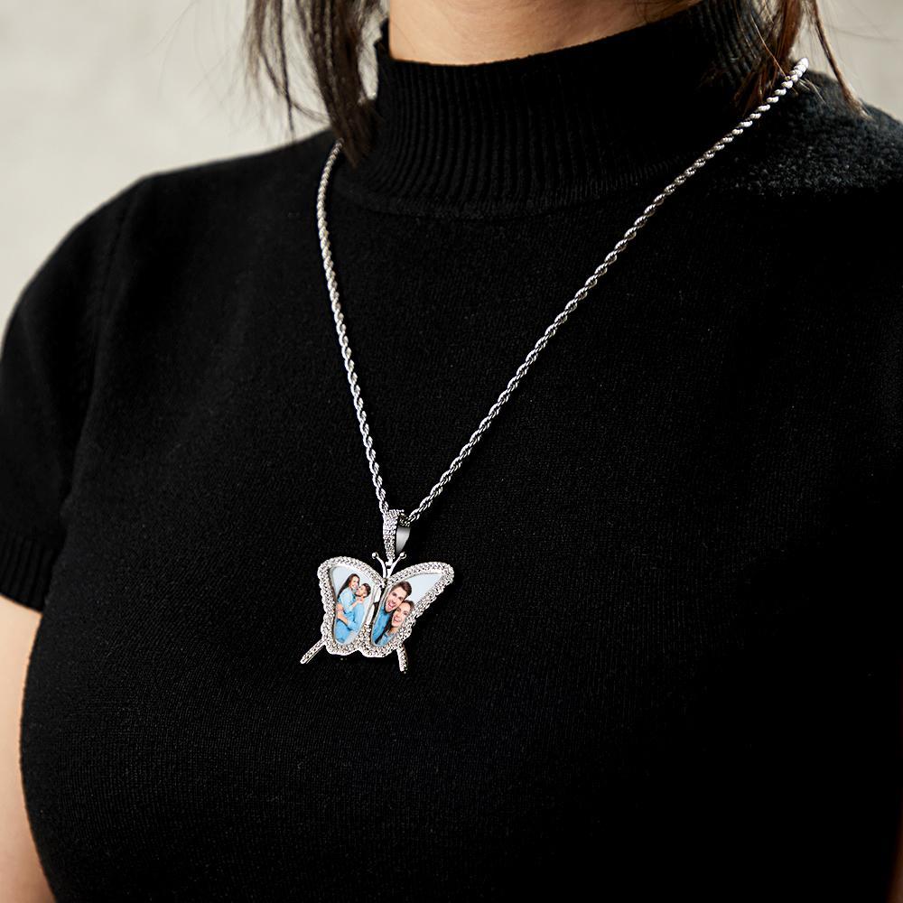 Custom Photo Sweater Chain Necklace Diamond Butterfly Romantic Gifts