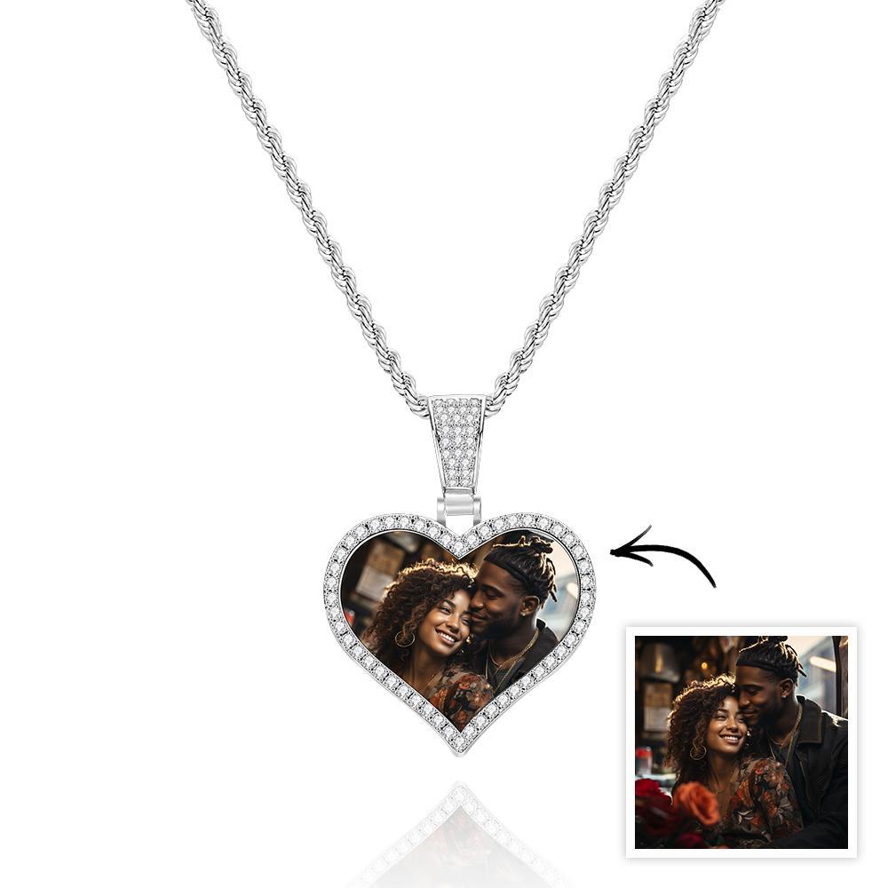Custom Made Photo Heart Necklace with Hip Hop Pendant Round Necklace Iced out Cubic Zirconia Jewelry Gift for Him or Her
