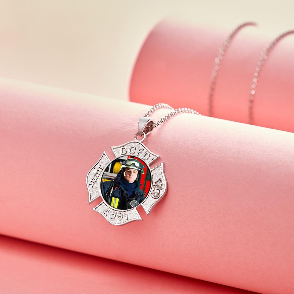 Custom Photo Engraved Fire Fighter Badge Photo Pendant Picture Charm with Name and Number
