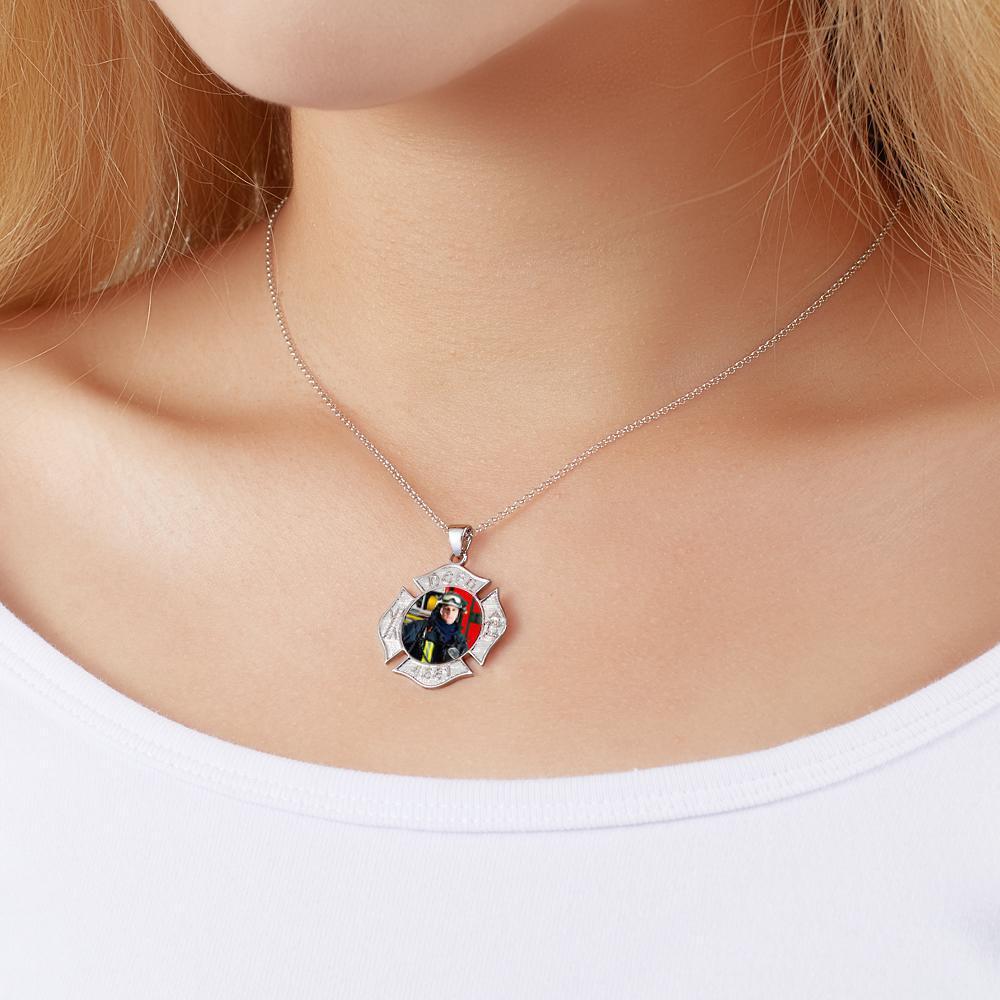 Custom Photo Engraved Fire Fighter Badge Photo Pendant Picture Charm with Name and Number