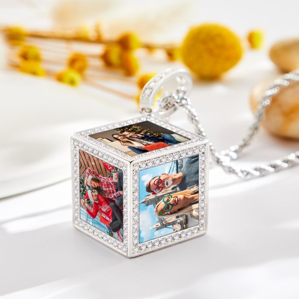 Custom Photo Necklace Cube Rhinestone Memorial Gifts - 