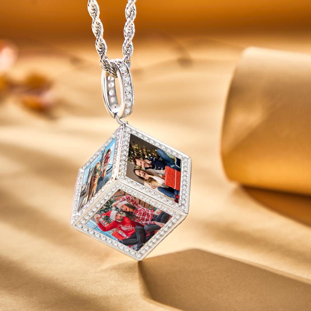 Custom Photo Necklace Cube Rhinestone Memorial Gifts - 