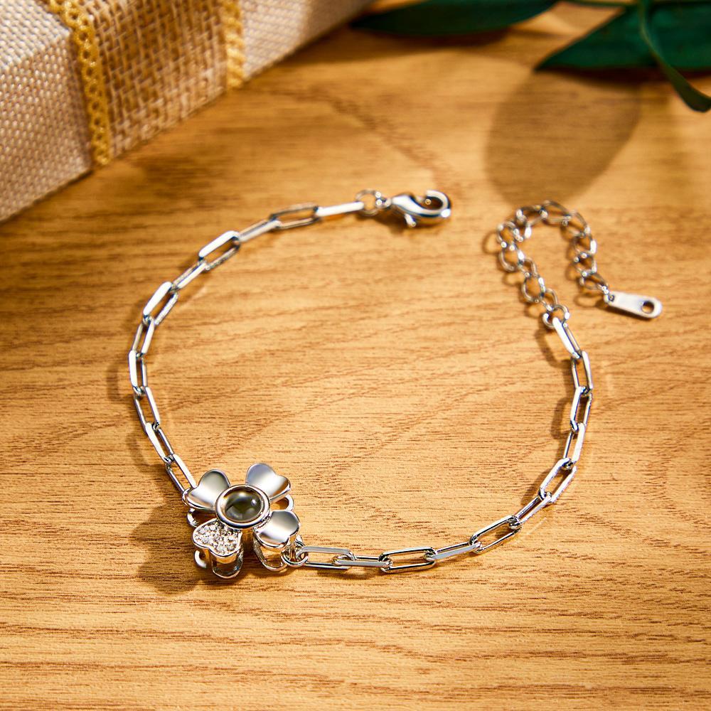 Custom Photo Projection Clover Rhinestone Bracelet Personalized Polished Adjustable Bracelet Gifts For Her - soufeelus
