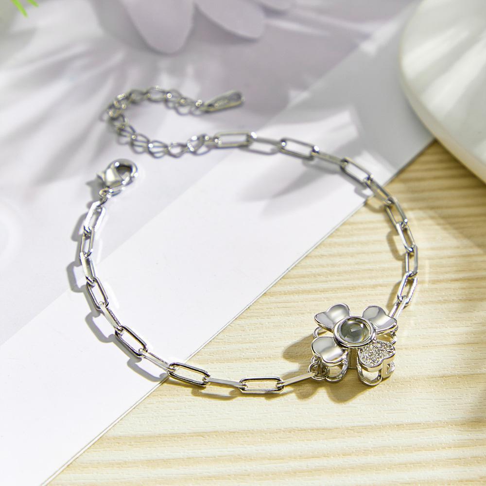 Custom Photo Projection Clover Rhinestone Bracelet Personalized Polished Adjustable Bracelet Gifts For Her - soufeelus