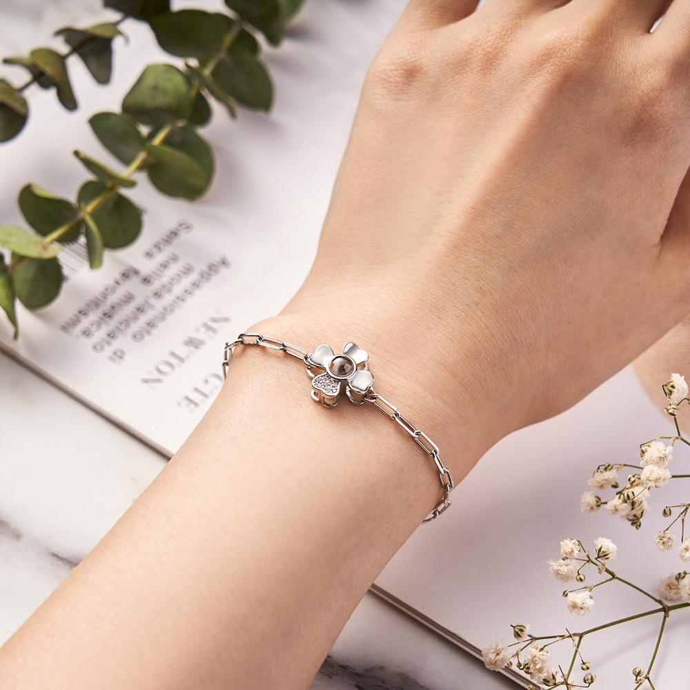 Custom Photo Projection Clover Rhinestone Bracelet Personalized Polished Adjustable Bracelet Gifts For Her - soufeelus