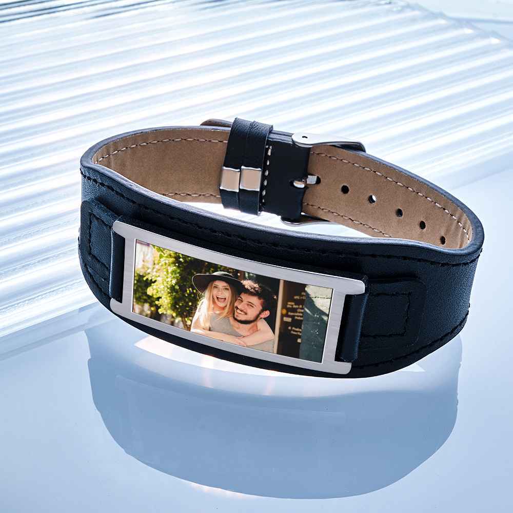 Personalized Photo Leather Bracelet Vintage Wide Bracelet For Men - soufeelus