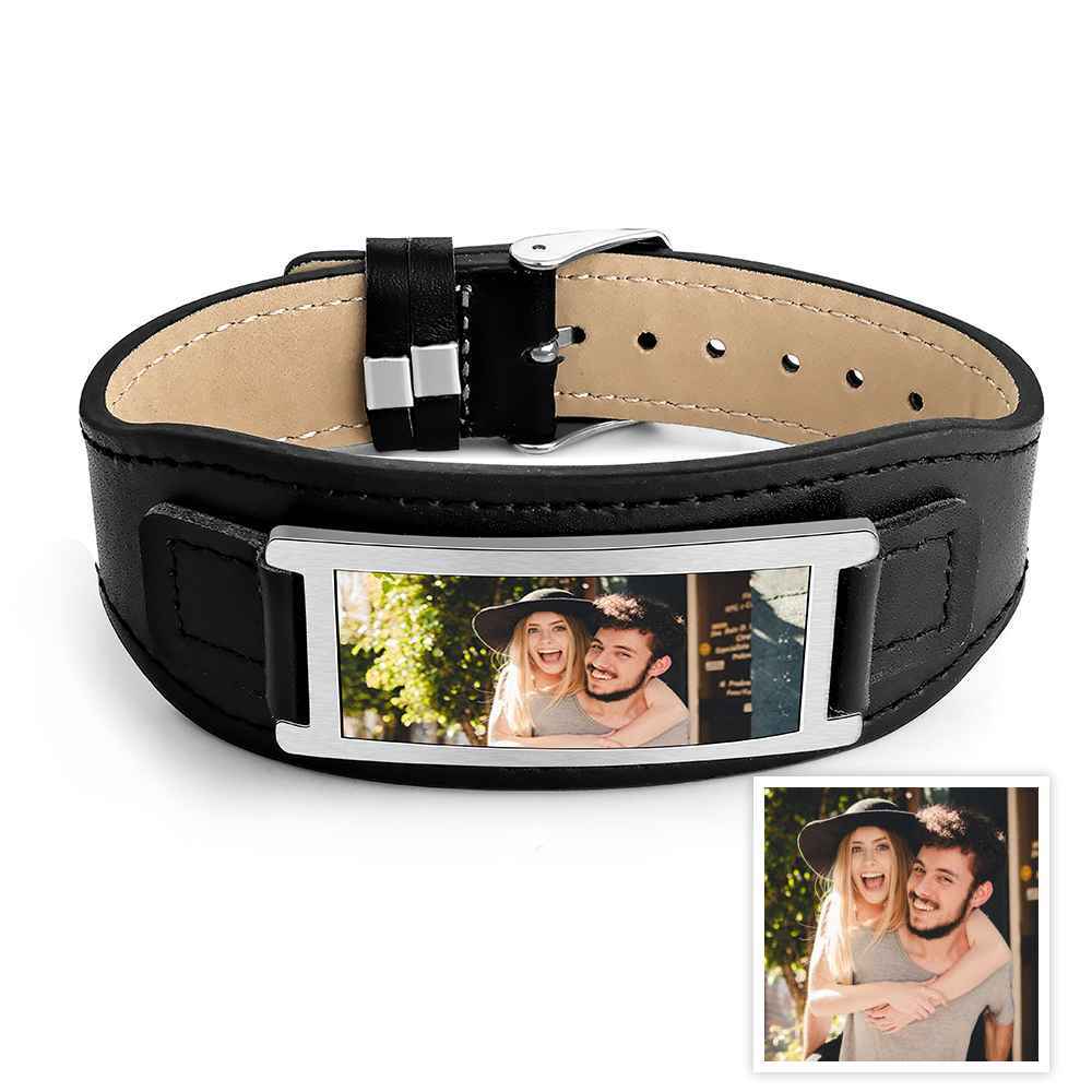 Personalized Photo Leather Bracelet Vintage Wide Bracelet For Men - soufeelus