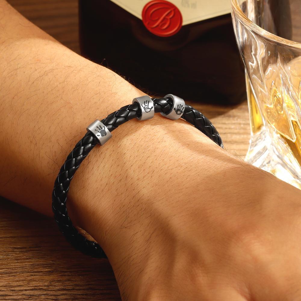 Men's Custom Handprint Bracelet Black Leather Bracelet New Dad Gift Charm Bracelet for Men - soufeelus