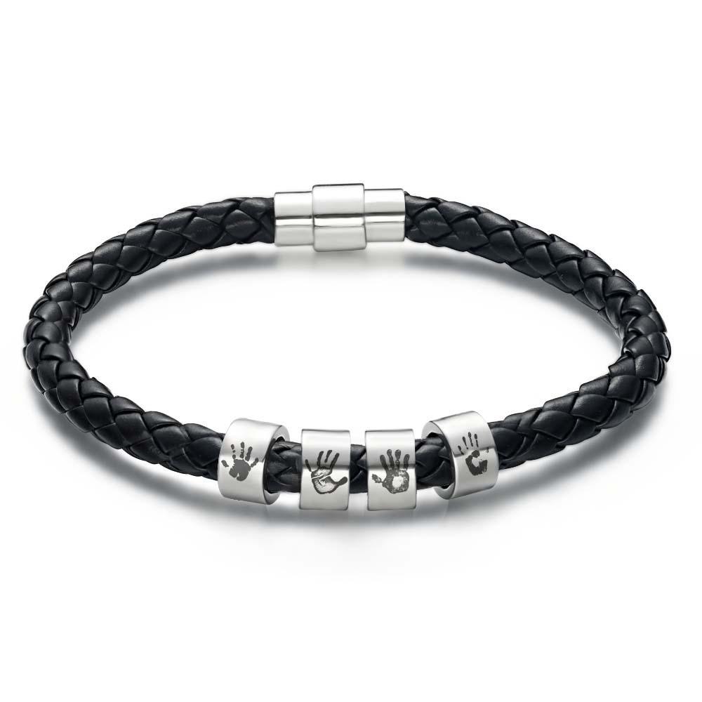 Men's Custom Handprint Bracelet Black Leather Bracelet New Dad Gift Charm Bracelet for Men - soufeelus
