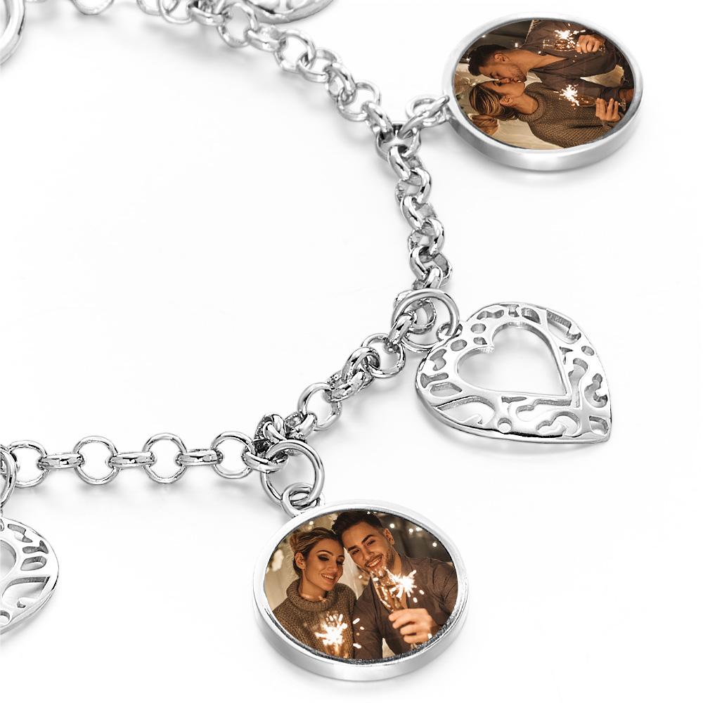 Personalized Portrait Photo Silver Heart 3 Photo Charm Bracelet Heart Charm Bangle - soufeelus