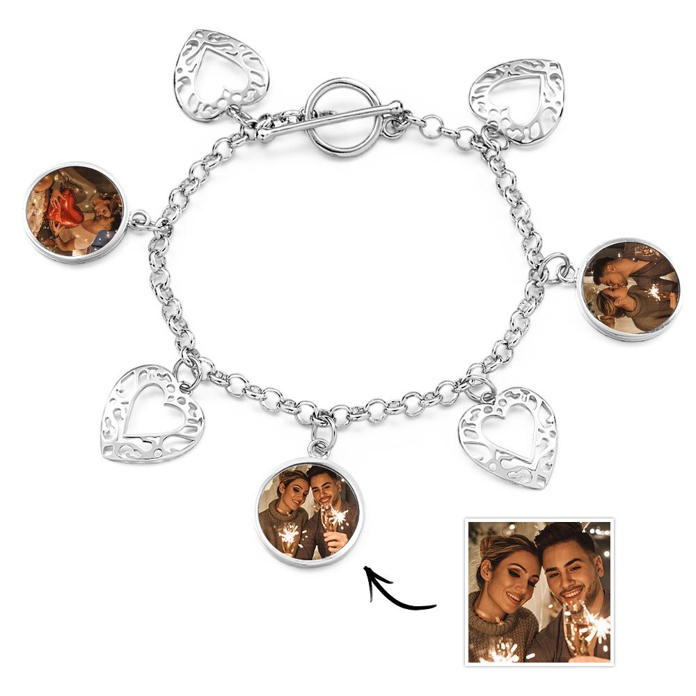 Personalized Portrait Photo Silver Heart 3 Photo Charm Bracelet Heart Charm Bangle - soufeelus