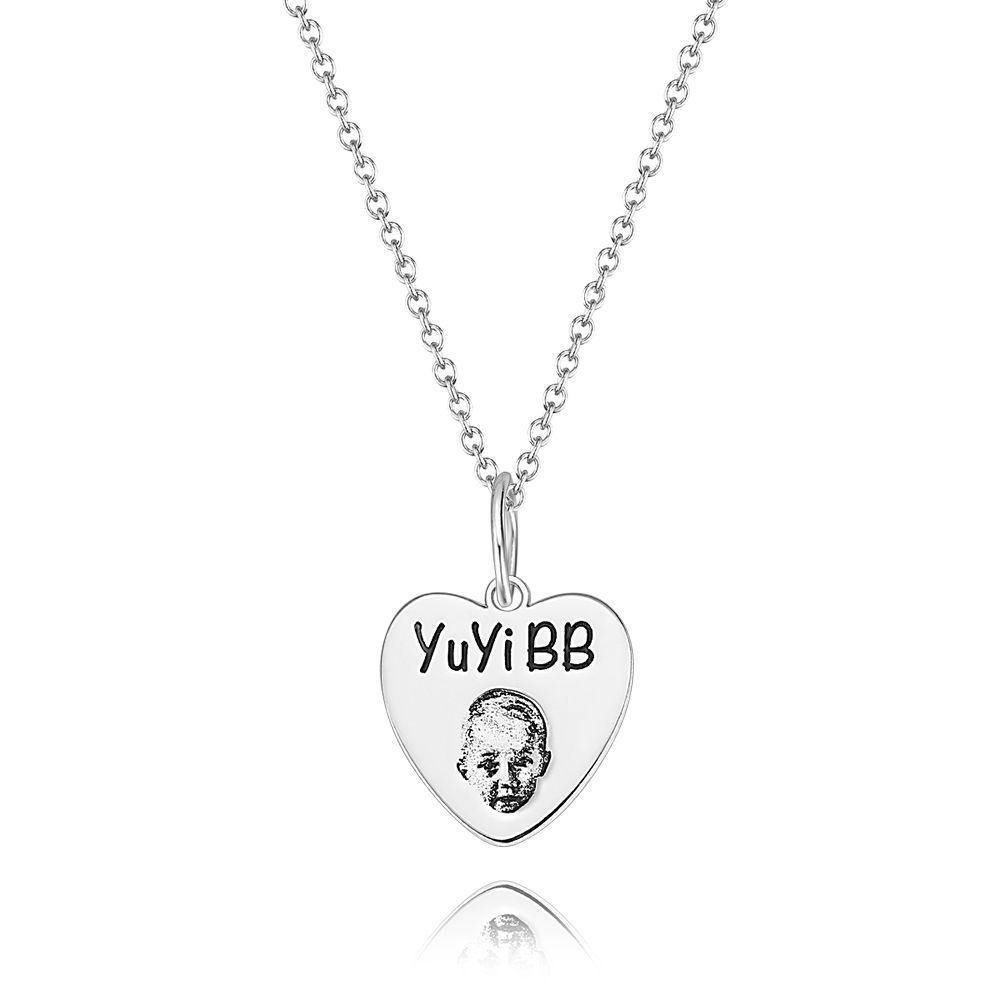 Photo Portrait Necklace with Engraving Heart-shaped, Custom Portrait Jewelry Platinum Plated - Silver - soufeelus