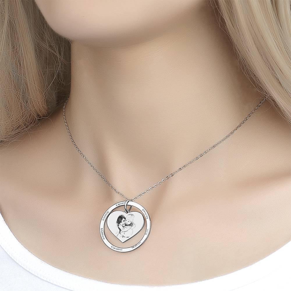 Photo Engraved Necklace Heart In Round Pendant, Family Necklace Platinum Plated - Silver - soufeelus