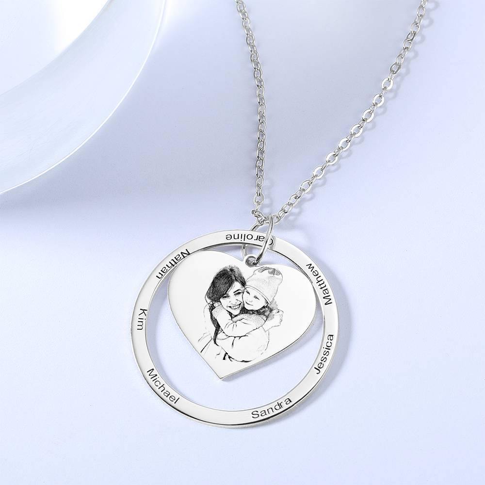 Photo Engraved Necklace Heart In Round Pendant, Family Necklace Platinum Plated - Silver - soufeelus