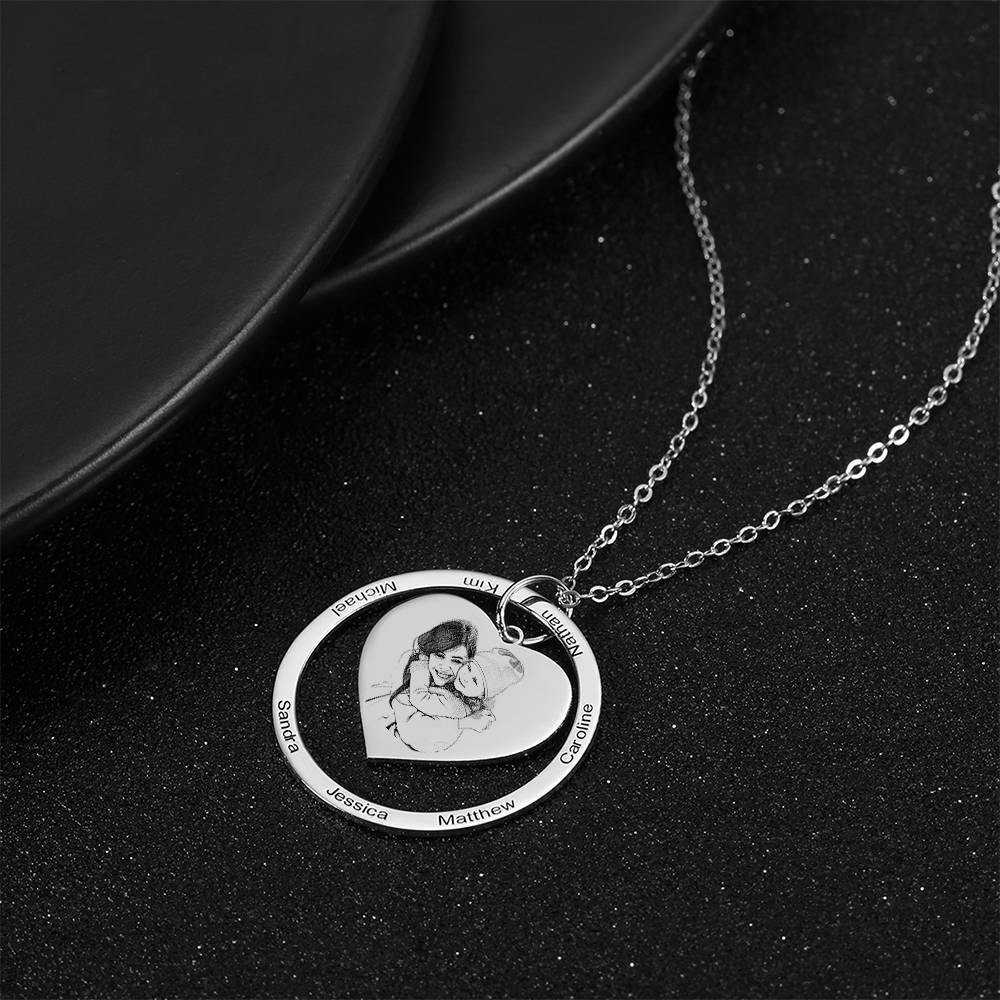 Photo Engraved Necklace Heart In Round Pendant, Family Necklace Platinum Plated - Silver - soufeelus