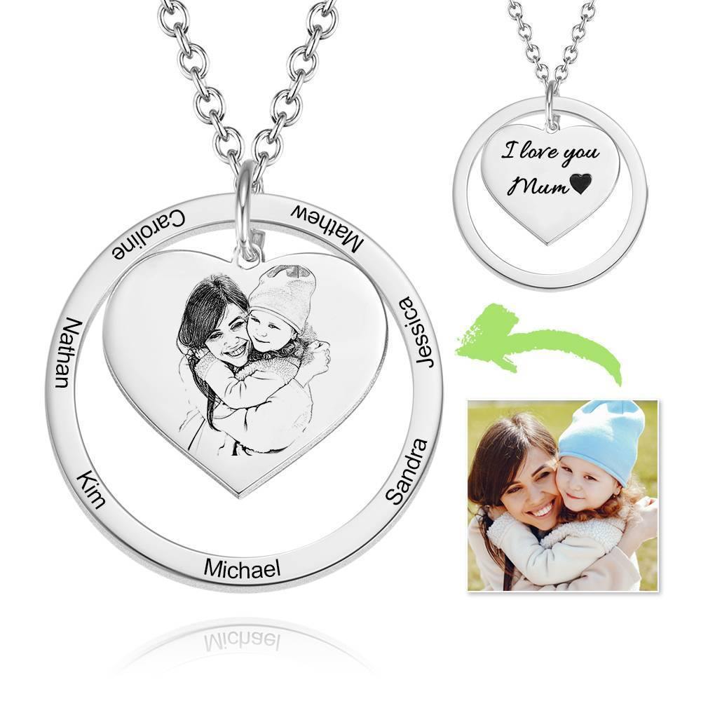 Photo Engraved Necklace Heart In Round Pendant, Family Necklace Platinum Plated - Silver - soufeelus